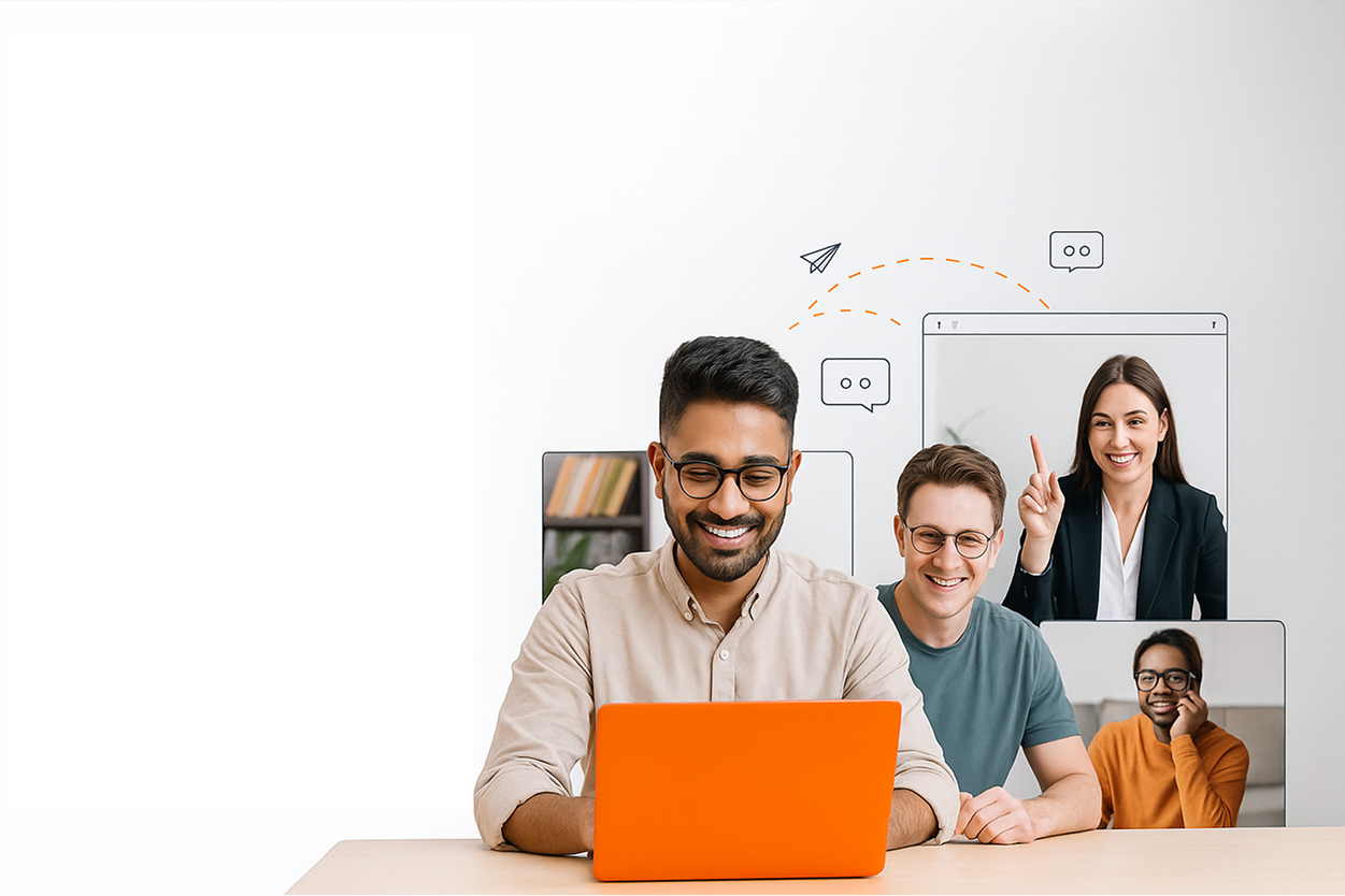 VeriCoach platform with diverse coaches and orange laptop