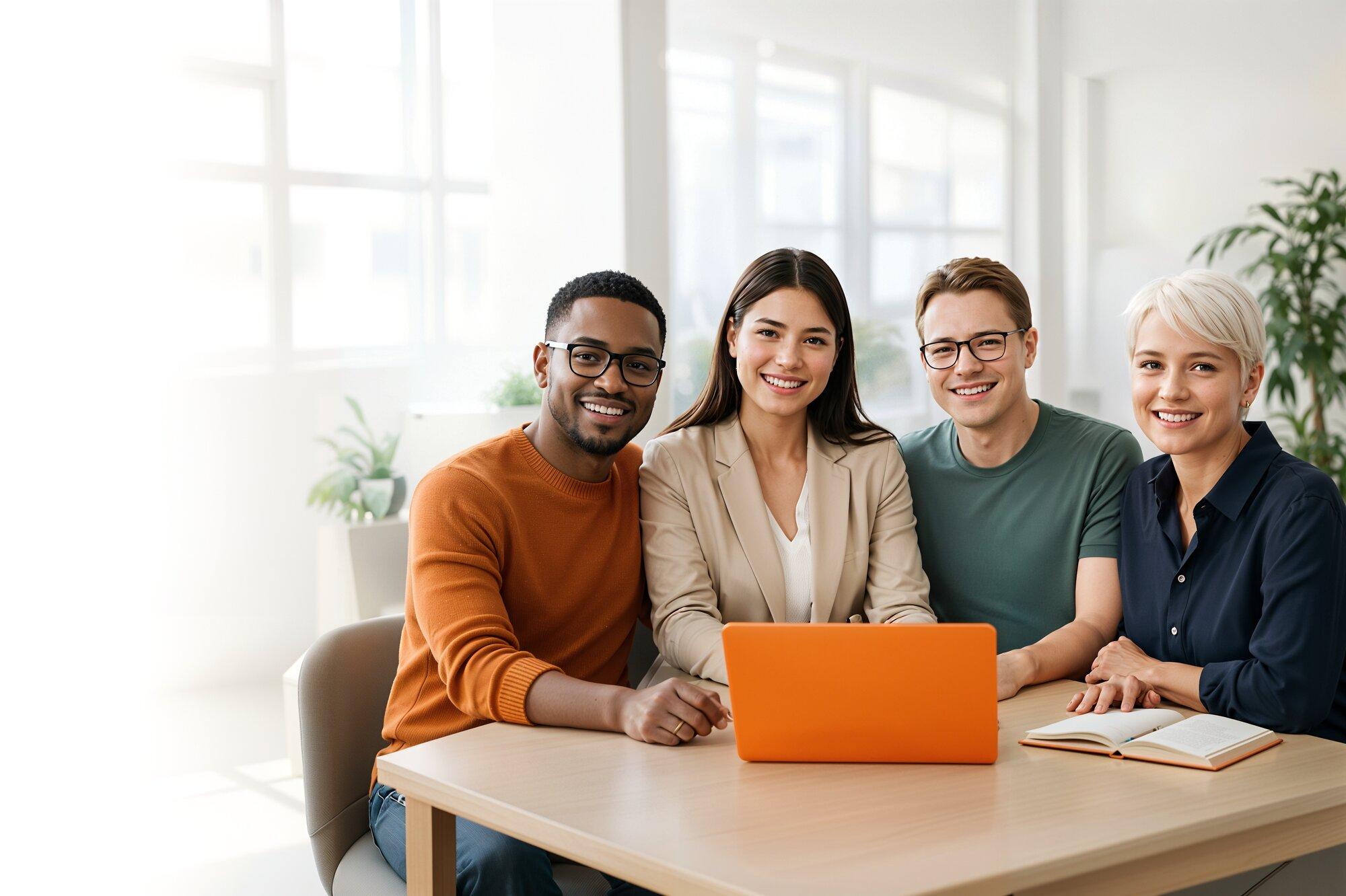 VeriCoach platform with diverse coaches and orange laptop